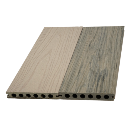 Two wooden deck boards with different finishes on a white background